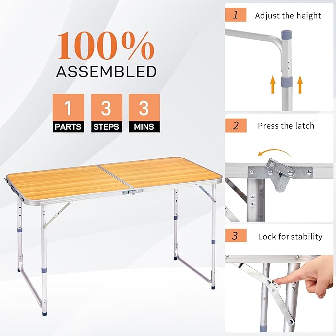 Outvita 4ft Portable Folding Camping Table Outdoor Waterproof Adjustable Height Table Aluminum Lightweight Suitcase Foldable Table for Picnic BBQ Beach Dining