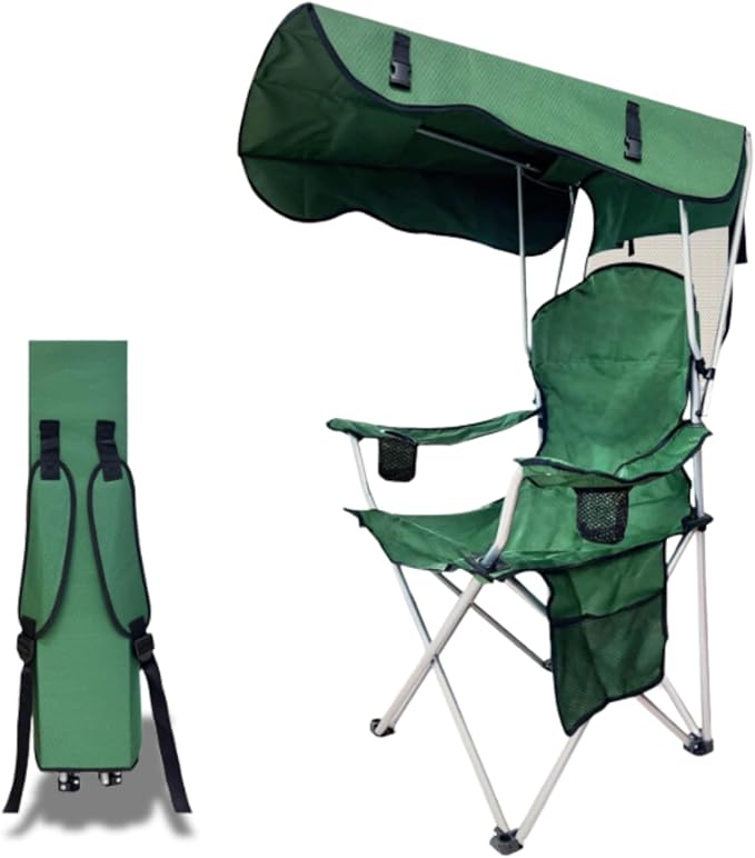 Portable Camping Chair with Canopy Shade- Folding Camping Lounge Chair with Cup Holder &amp Side Pocket for Outdoor Camping Fishing Beach - Support 330 LBS (Green)