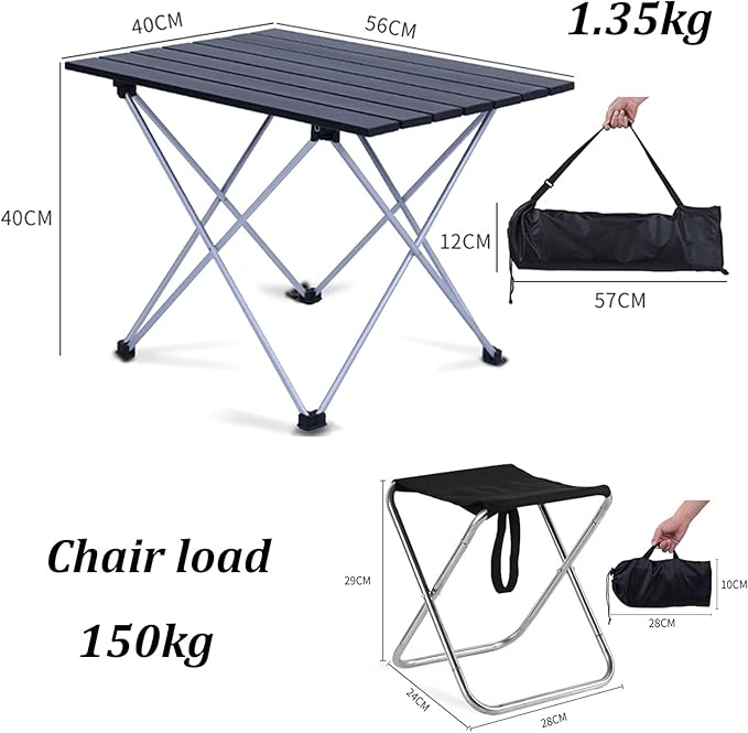 Camping Table Chairs Black Outdoor Set Portable Aluminum Camping Picnic Table Used for Self-Driving Fishing and Barbecue 56x40x40cm