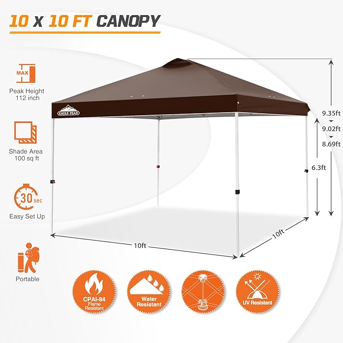 EAGLE PEAK Pop Up Canopy Tent with Wheeled Carry Bag 8 Stakes 4 Ropes 4 Weight Bags Easy Set Up Tent Canopy 10x10 ft 100sqft of Shade Brown