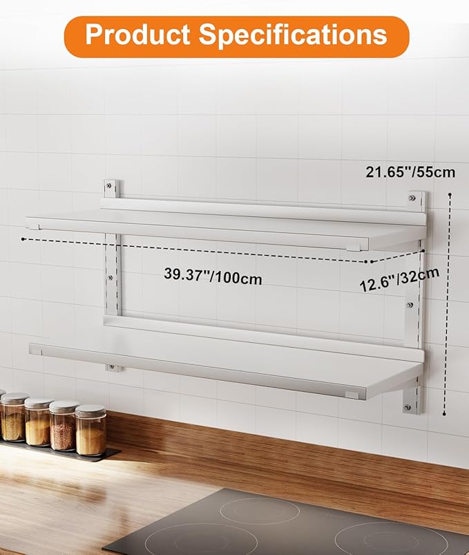 Stainless Steel Shelf 39.4 x 12.6 Commercial Floating Wall Shelf with Brackets 110Lbs Capacity Adjustable Double-Layer Metal Heavy Duty Storage Rack for Restaurant Kitchen Bar Home Hotel