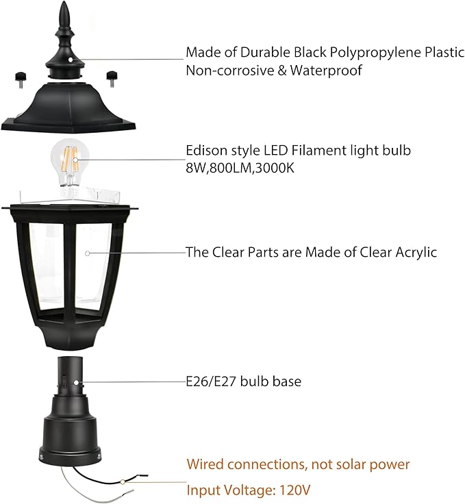 FUDESY Outdoor Post Lights Electric Exterior Lamp Post Light Fixture with Pier Mount Base LED Bulb Included Anti Corrosion Black Plastic Materials Pole Lanterns for Garden Patio Pathway