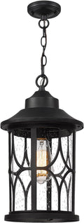 zeyu Outdoor Hanging Light Fixture - 15 Inch Farmhouse Exterior Pendant Light Fixture for Porch with Seeded Glass Black Finish ZX48MH BK