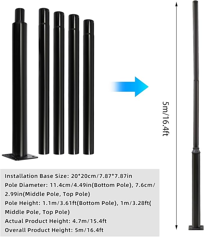 Street Light Pole 16ft Tall Split Street Lamp Post for Outdoor Street Courtyard Parking Lot Lighting Post Fixtures with Mounting Ground Cage (16FT 114+76mm)