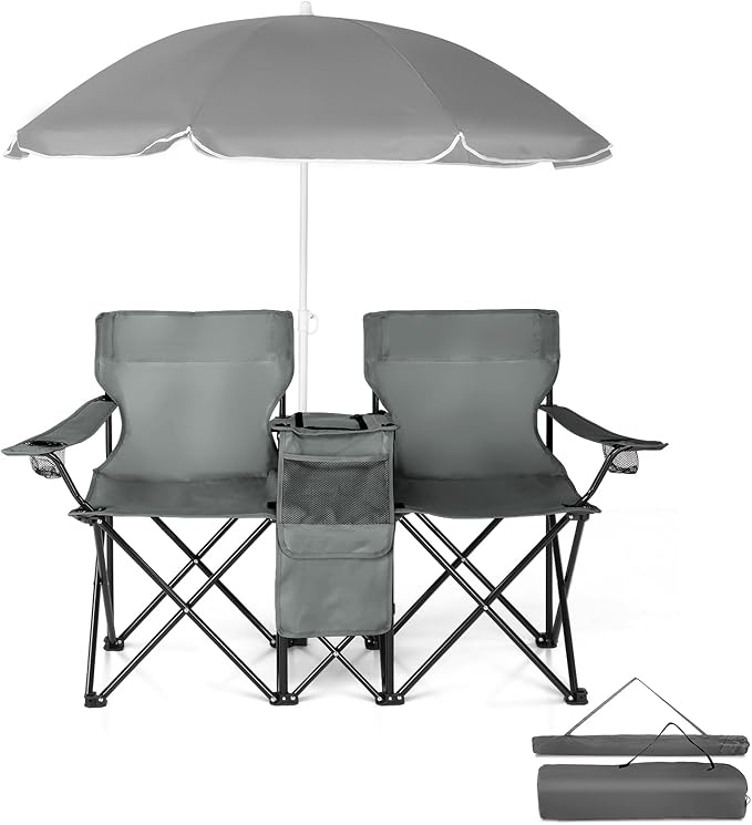 Double Folding Camping Chair W/Umbrella Fold Up Table Beverage Holder Carrying Bag Cooler for Patio Pool Park Outdoor Beach Picnic Portable (Grey)