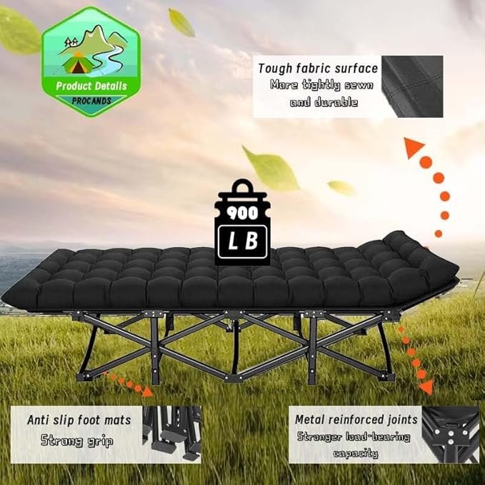 Oversized XXL Folding Camping Cot W/Mat for AdultsHeavy Duty Outdoor Bed with Carry Bag1200 D Layer Oxford Portable Travel Camp Cots Extra Wide Sleeping Cots (Black With Comfortable Mattress)