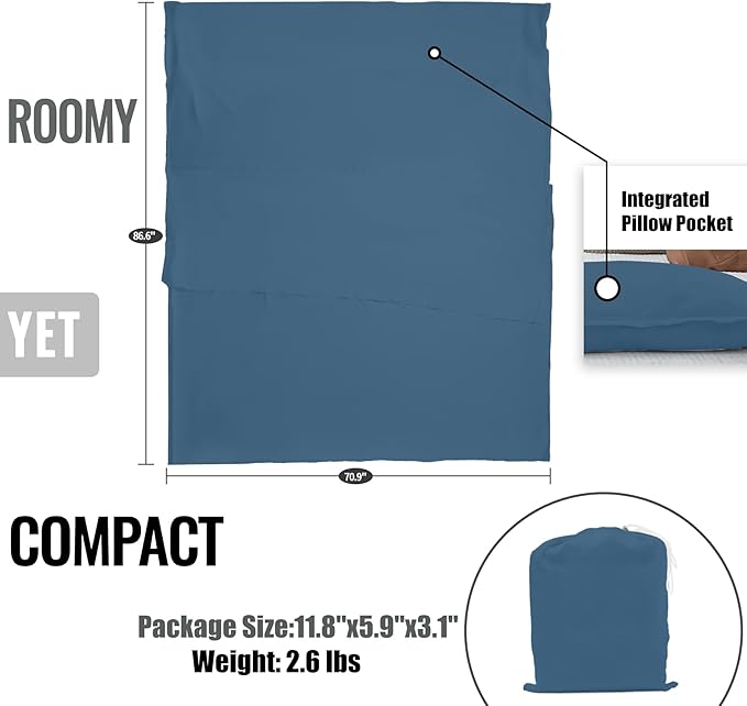 Sleeping Bag LinerLong Staple Cotton Adult Sleep Sack &amp Travel SheetsTravel Sleep Sack for Backpacking Hotels &amp Hostels Lightweight Travel Sheet Camping SheetsHas Full Length Zipper