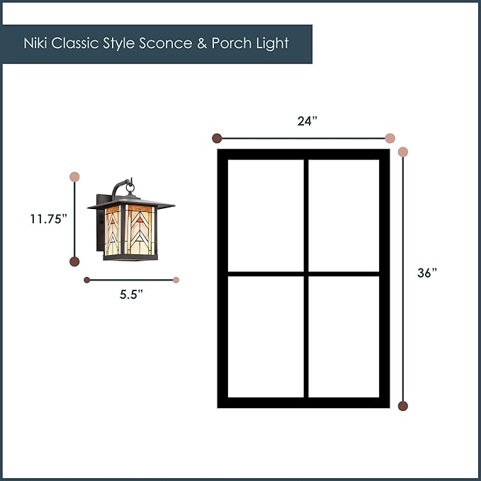 RIVER OF GOODS Stained Glass Outdoor Light Fixture - 11.75 H - Mission Style Porch Light - ‎Niki