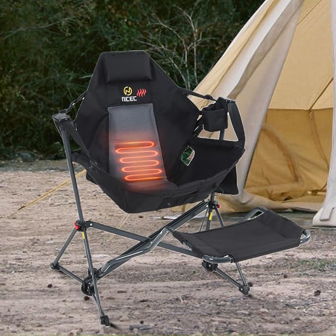 Nice C Heated Hammock Camping Chair with Footrest Heated Camping Chair with Battery Rocking Swing Chairs Hammock Chairs with Stand Heavy Duty (1 Heat Black W/Footrest)