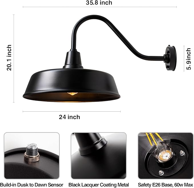 24 inch Barn Lights Outdoor Gooseneck Lighting Dusk to Dawn Black Exterior Barn Lights Farmhouse Wall Lighting Fixtures with Sensor for Porch Garage (2 24 Diameter)