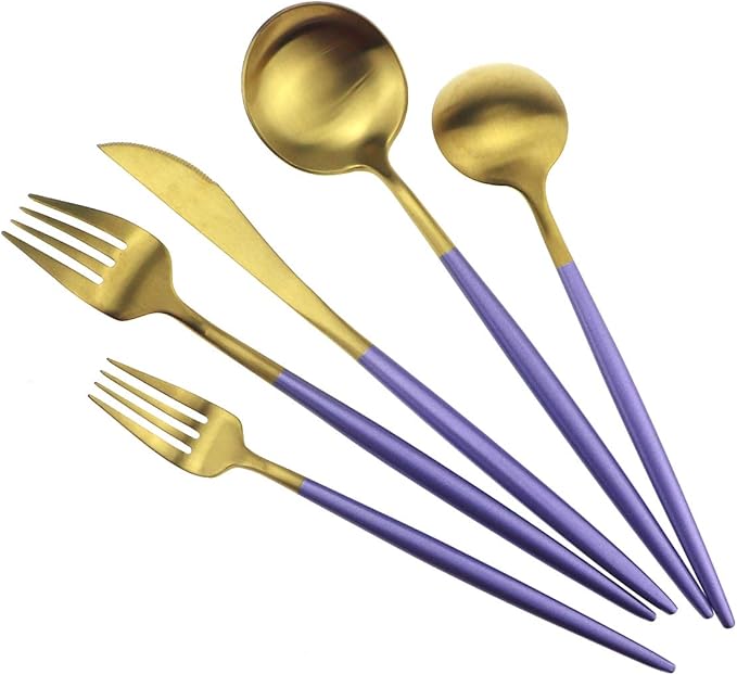 Gugrida Royal 20 Piece Matte Purple Handle 18/10 Stainless Steel Tableware Sets for 4 Including Forks Spoons Knives Camping Silverware Travel Utensils Set Cutlery