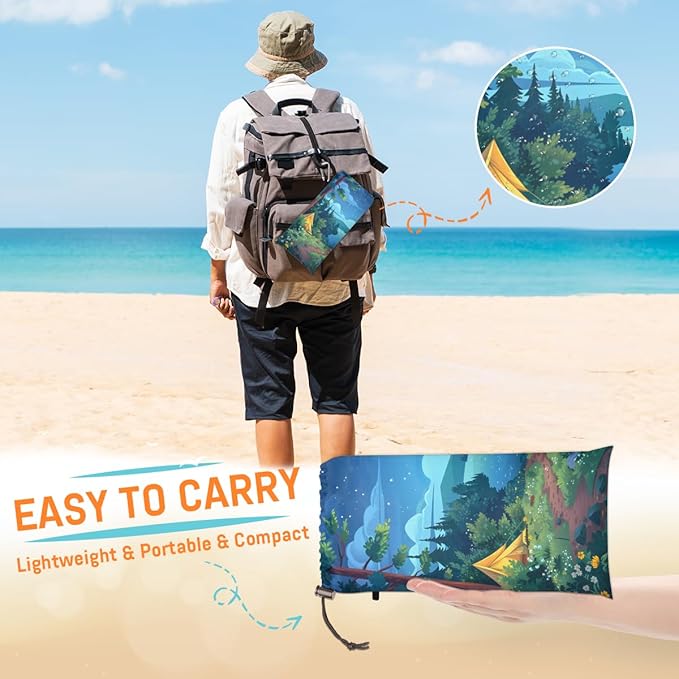 Waterproof Sandproof Beach Blanket 59''×68'' Scenery Camping Polyester Outdoor Picnic Blanket with 4 Stakes &amp Storage Bag for BeachCampingVacation Green