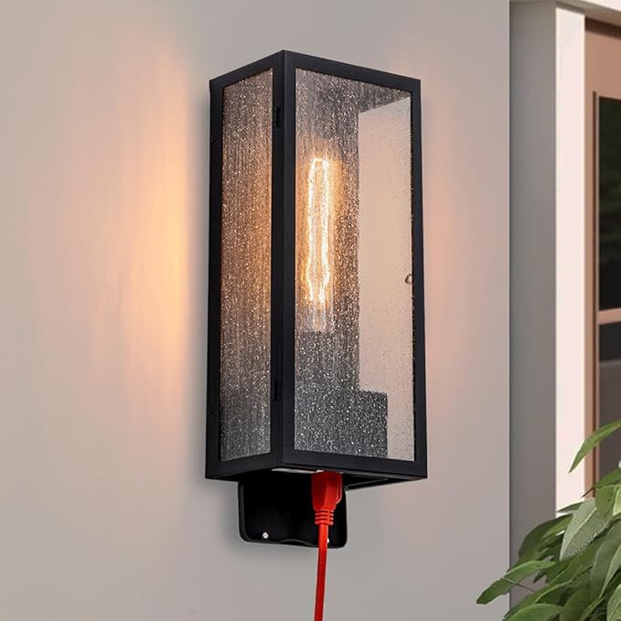 Porch Light with GFCI Outlet Matte Black Exterior Lighting Fixtures Waterproof Aluminum Outdoor Light Fixture with Seeded Glass Anti-Rust Outdoor Wall Lights for House
