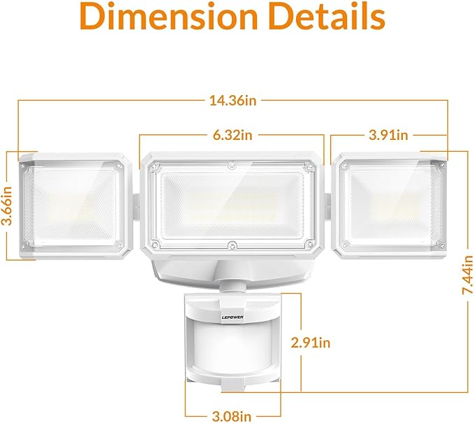 LEPOWER Battery Powered LED Flood Light Outdoor1500LM Motion Sensor Security Lights IP65 WaterproofWireless Flood Light Battery Operated3 Head Motion Detector Light for GarageYardPorch(White)