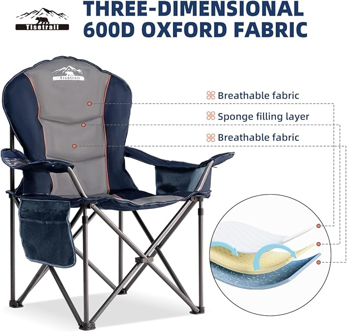 Oversized Camping Chair Folding Chair with Cooler Padded Outdoor Chairs Heavy Duty Support 500 LBS Steel Frame Collapsible Arm Chair with Cup Holder Blue &amp Gray
