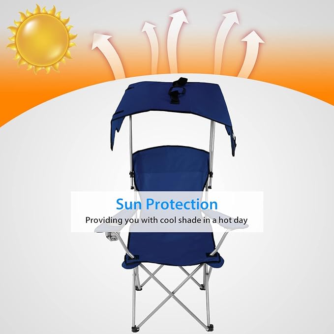 Moclever Folding Canopy Camp Chair – Heavy Duty Sun Protection Beach Chair with Cup Holder Portable Lawn Chair for Outdoor Camping Park Patio (Navy Blue)