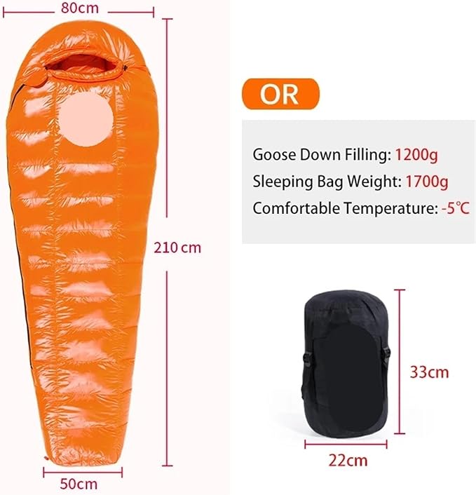 Sleeping Bag White Goose Down Sleeping Bag Camping Filled Men Warm for Travel Hiking for Adult(Orange 1200g)