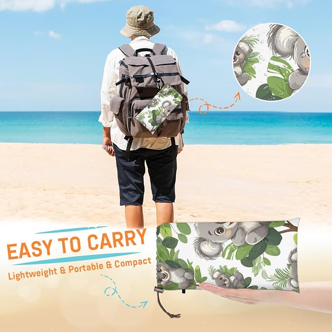 Waterproof Sandproof Beach Blanket 59''×68'' Animal Koala Pattern Polyester Outdoor Picnic Blanket with 4 Stakes &amp Storage Bag for BeachCampingVacation