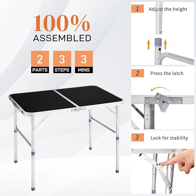 Outvita 3ft Portable Folding Camping Table Outdoor Waterproof Adjustable Height Table Aluminum Lightweight Suitcase Foldable Table for Picnic BBQ Beach Dining