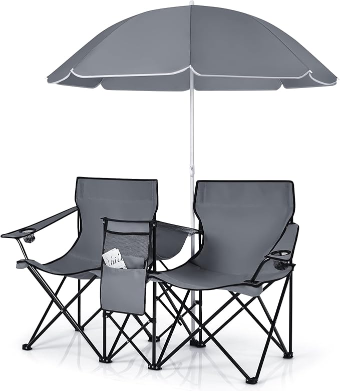 LDAILY LUARANE Folding Double Camping Chair Outdoor Picnic Chairs w/Removable Umbrella Mini Table Cup Holder &amp Carrying Bag Portable Camping Loveseat for Patio Pool Lawn Beach Park (Grey)