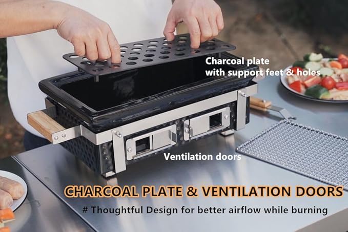 Charcoal BBQ Hibachi Grill with Grid Lifter Portable Yakitori Grill with Stainless Steel Grate Barbecue Stove for Outdoor Camping Picnic Patio Backyard Cooking GS306
