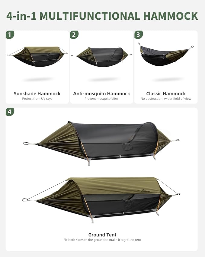Camping Hammock Tent with Mosquito Net and Removable Sunshade 4 in 1 Function Lightweight Hanging Hammocks Tree Straps Swing Bivvy Ground Tent for Outside Hiking and Travel