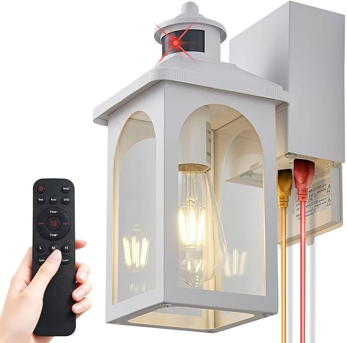 Porch Light with GFCI Outlet: Motion Sensor Porch Lights Outdoor with Remote Control Dusk to Dawn Exterior Lighting Fixtures White Modern Outdoor Wall Lights for House Garage Patio Front Door
