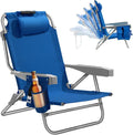 5-Position Aluminum Lay Flat Backpack Beach Chair Compact Portable Low Beach Chairs for Adults with Cooler Pouch Storage Pouch Towel Bar Cup Holder &amp Phone Holder Navy