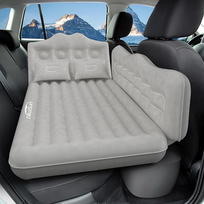 Car Air Mattress Inflatable SUV Truck Car Camping Mattress for Back Seat Thickened Travel Car Bed Sleeping Pad with Car Air Pump 2 Pillows (Grey)