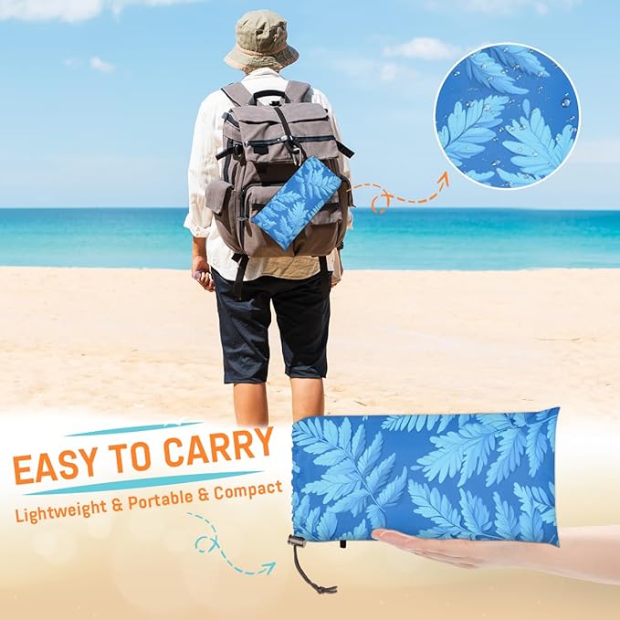 Waterproof Sandproof Beach Blanket 59''×68'' Ferns Leaves Polyester Outdoor Picnic Blanket with 4 Stakes &amp Storage Bag for BeachCampingVacation Blue