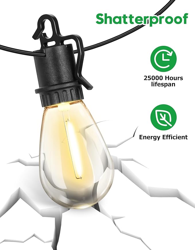 50FT Outdoor String Lights with 25 Shatterproof S14 Vintage Edison Bulbs E12 Sockets2700K Dimmable Outdoor LightsIP55 Waterproof LED String Lights for Outside Patio Garden BackyardBistro