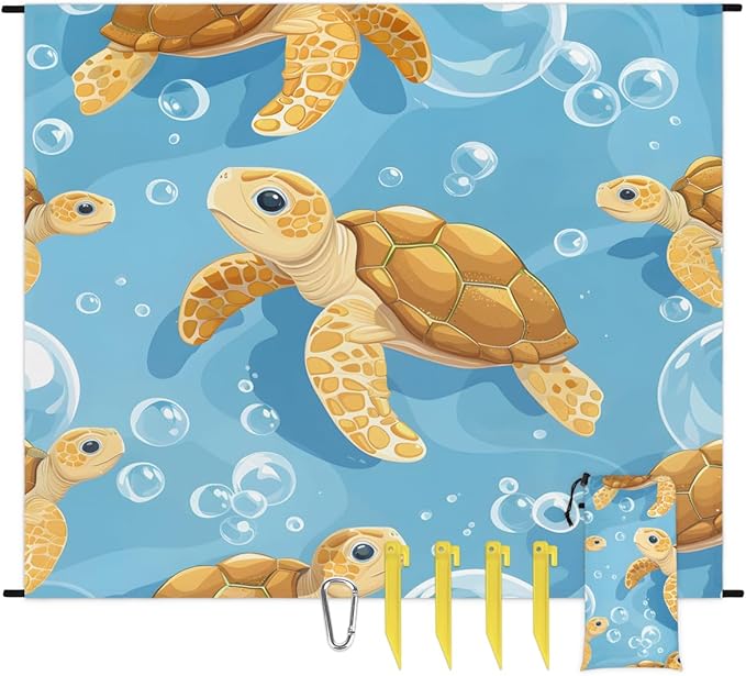 Waterproof Sandproof Beach Blanket 59''×68'' Turtle Polyester Outdoor Picnic Blanket with 4 Stakes &amp Storage Bag for BeachCampingVacation Ginger