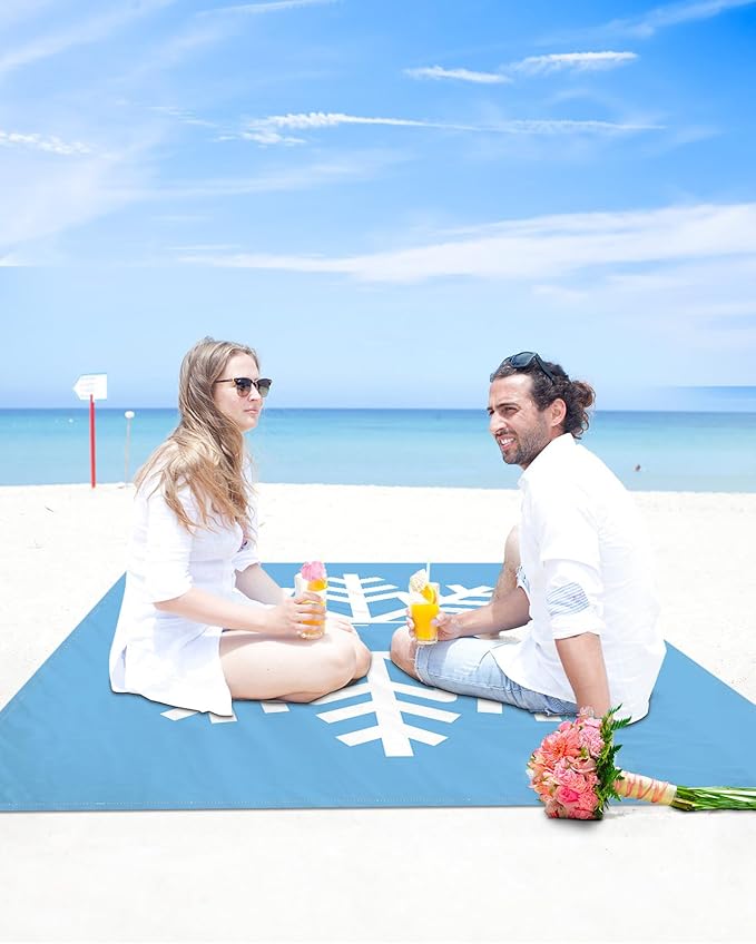 Beach Blanket Waterproof Sandproof Merry Christmas White Snowflakes Quick Drying Beach Mat with 4 Stakes Winter Snow Blue Lightweight Picnic Blanket for Travel Camping Outdoor 83x79