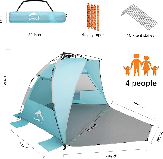 Oileus X-Large 4 Person Beach Tent Sun Shelter - Portable Sun Shade Instant Tent for Beach with Carrying Bag Stakes 6 Sand Pockets Anti UV for Fishing Hiking Camping Waterproof Windproof Sky Blue