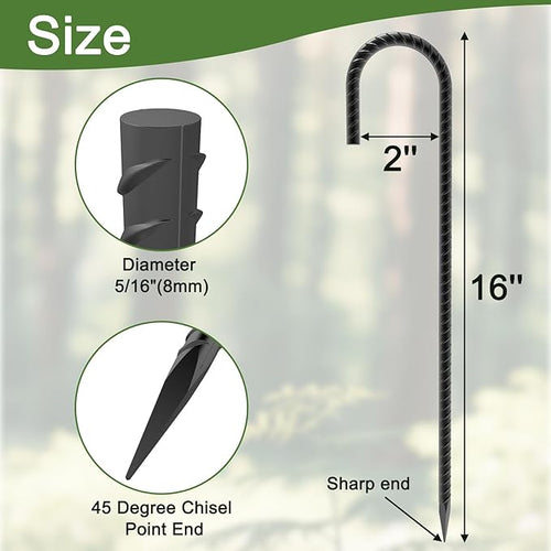 16 Inch J Hook Rebar Stakes 40 Pack Heavy Duty 5/16 Inch Diameter Black E-Coated Steel Wind Resistant Ground Anchors for Trampoline Bounce House Dog Kennel Chain Link Fence &amp Gazebo