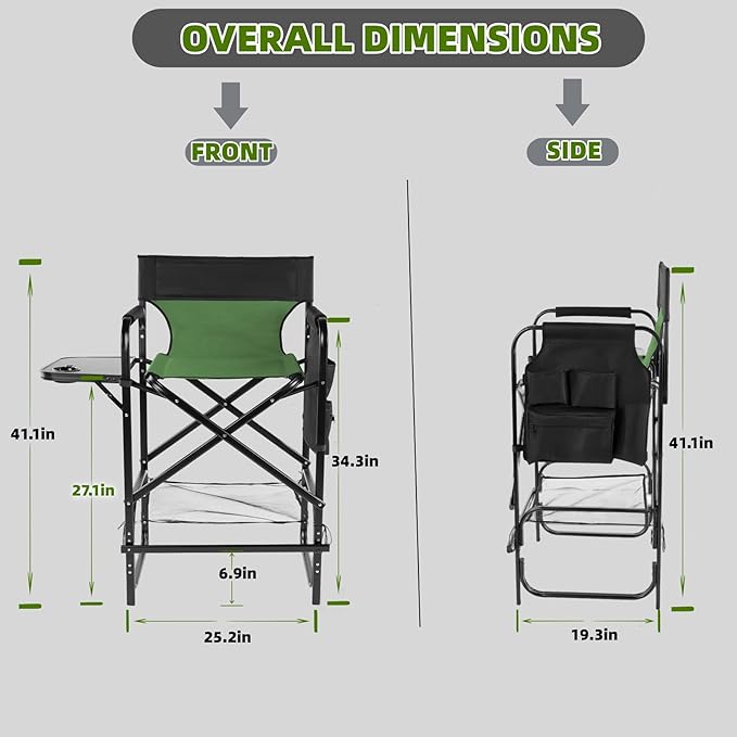 27.1‘' Seat Height Camping Directors Chair Iron Frame and Oxford Fabric Supports 260 lbs Foldable and Portable with Side Storage Bag and Side Table a Folding or Camping Chair