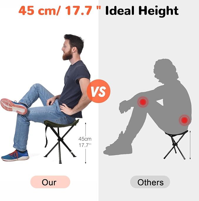 18 Folding Tripod Stool for Adults Heavy Duty Lightweight Portable Three Leg Tall Camping Stool Collapsible Backpacking Tripod Seat Chair for Fishing Hunting Support 225 lbs Green