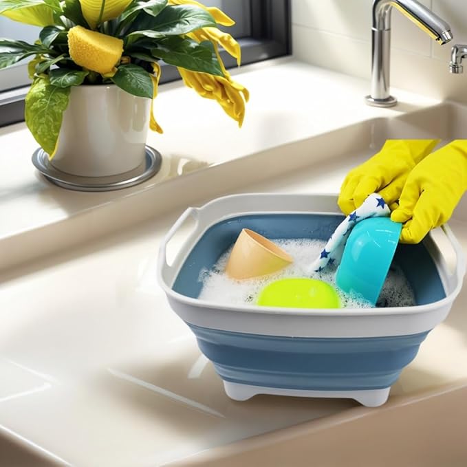SAMMART 7.5L (2 Gallons) Collapsible Dishpan with Draining Plug - Foldable Washing Basin - Portable Dish Washing Tub - Space Saving y (Grey/Steel Blue (Set of 2) 2)