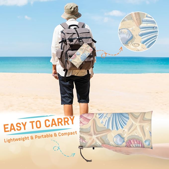 Waterproof Sandproof Beach Blanket 59''×68'' Ocean Shell Polyester Outdoor Picnic Blanket with 4 Stakes &amp Storage Bag for BeachCampingVacation Beige Pink &amp Blue