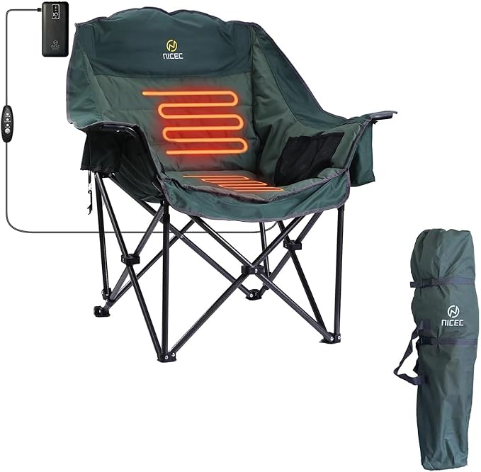 Nice C Double Padded Camping Chair with Cup Holder Cooler Bag Bottle Opener Heated Camping Chairs with Battery Wide&ampThick Heavy Duty 400lb