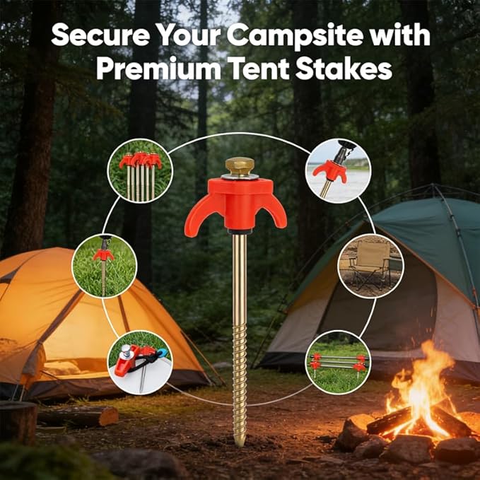8 Screw in Tent Stakes 8-Inch M8 Carbon Steel Spiral Ground Anchors for Camping Tents Canopies and Tarps Hand or Drill Installation for Grass Gravel and Hard Soil (8PCwith Bag)