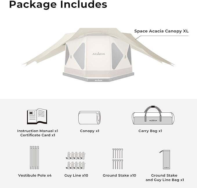 ACACIA Canopy 4 Person for Space Acacia Camping System PU2000 Waterproof Camping Tarp for 4 Season Camping UPF50+ Sunproof Tent Tarp with 4 Telescoping Poles Carry Bag Almond