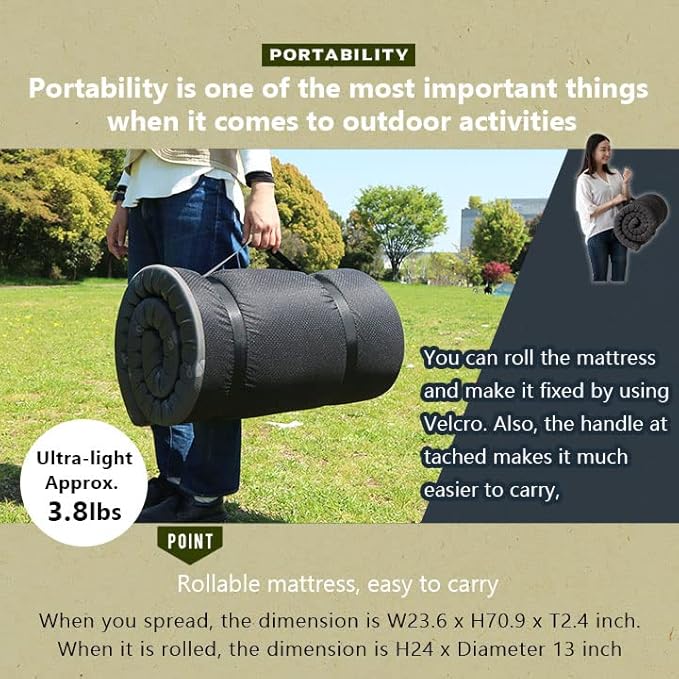 EMOOR Rollable Outdoor Mattress Compact Size (71 x 24in) Dark Gray Portable Camping Bed Japanese Futon Mattress Sleeping on The Floor
