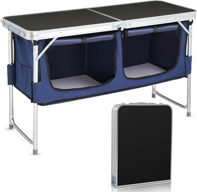VINGLI 4 Ft Folding Table Aluminum Camping Table Picnic Table with Storage Adjustable Height for Outdoor Beach BBQ Backyards Travel Party (Black ＆ Blue)