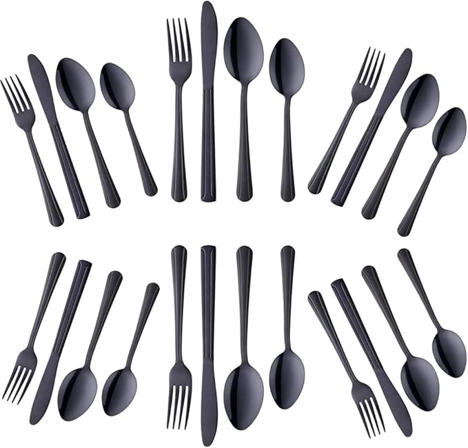 Buyer Star 24-Piece Black Silverware Flatware Set Stainless Steel Travel Eating Utensil for Picnic Camping Service for 6 Dishwasher Safe
