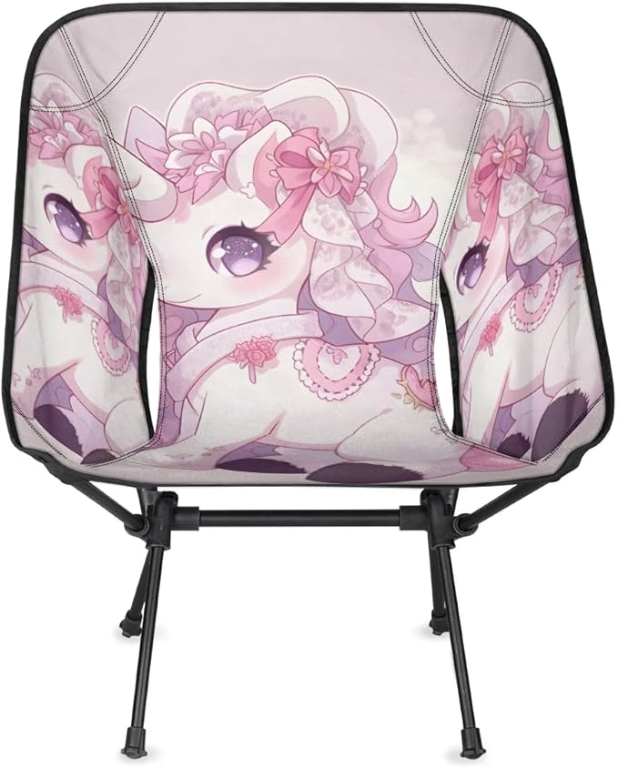 Portable Camping Chair Cartoon Unicorn Ultralight Folding Camping Chair Pink Flowers Backpacking Hiking Chair with Cup Holder for Outdoor Travel Beach Picnic Festival 176 lbs Capacity