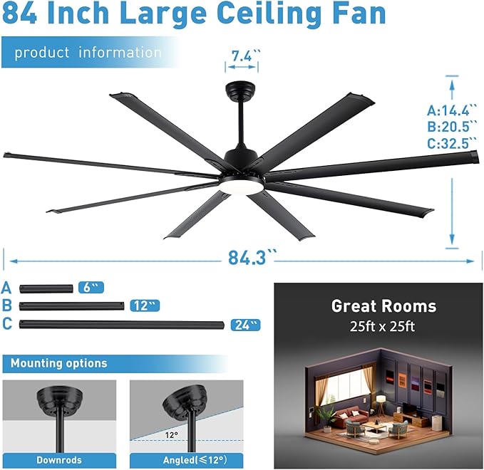 84 lnch lndustrial Celing Fan with Light and Remote ControlLarge Celing Fan with 8 Black Aluminum Blades6 Speed Noiseless DC MotorWet Rated Indoor Outdoor Ceiling Fans for Patioexterior.