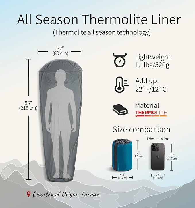 Litume Thermolite All Season Sleeping Bag Liner Add Up to 22°F / 12°C Mummy Sleeping Sack for Backpacking Camping Traveling for Cold Weather Winter Sleep Sack with Drawstring Hood (E626)