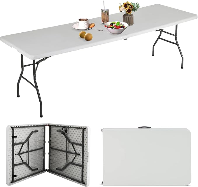 8 Foot Folding Table Portable Outdoor Folding Table Camp Table with Built in Handle &amp Steel Legs Heavy Duty Plastic Foldable Table Picnic Table 8ft Table Party Table Easy to Carry and Storage
