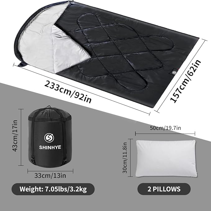 ShinHye Double Sleeping Bag for Adults with 2 Pillows Camping Sleeping Bags Flannel Cotton 2 Person Sleeping Bags XXL Queen Size Sleeping Bag for Cold Weather